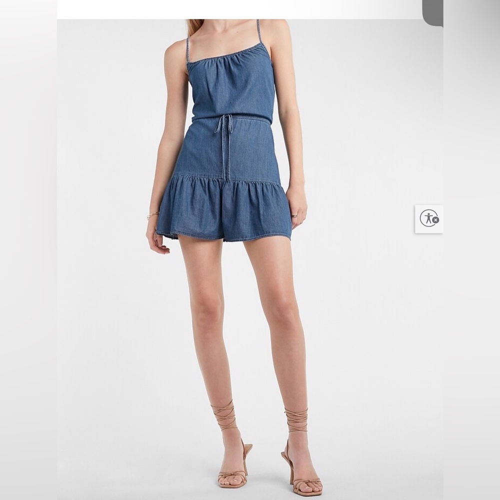 EXPRESS Tiered Drawstring Waist Ruffle Blue Denim Romper XL-EUC